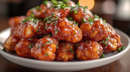 Fototapeta premium Delicious glazed chicken bites garnished with fresh herbs on a plate