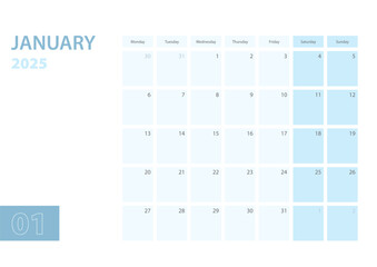 Calendar template for the January 2025, the week starts on Monday. The calendar is in a blue color scheme.