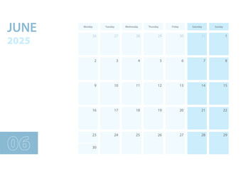 Calendar template for the June 2025, the week starts on Monday. The calendar is in a blue color scheme.