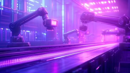 Futuristic robot arms working in a neon-lit automated production facility at night