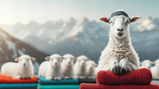 Goat wearing headband and yoga pants demonstrates relaxation techniques in mountain landscape