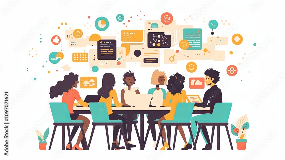 Poster diverse team collaborating in modern office workspace with digital elements