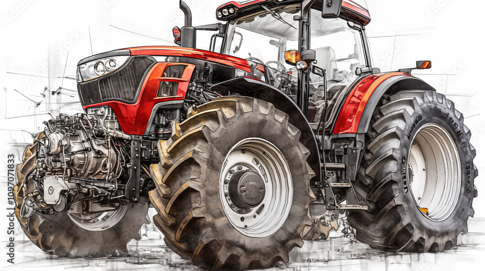 Poster close up view of a new red tractor in a studio setting