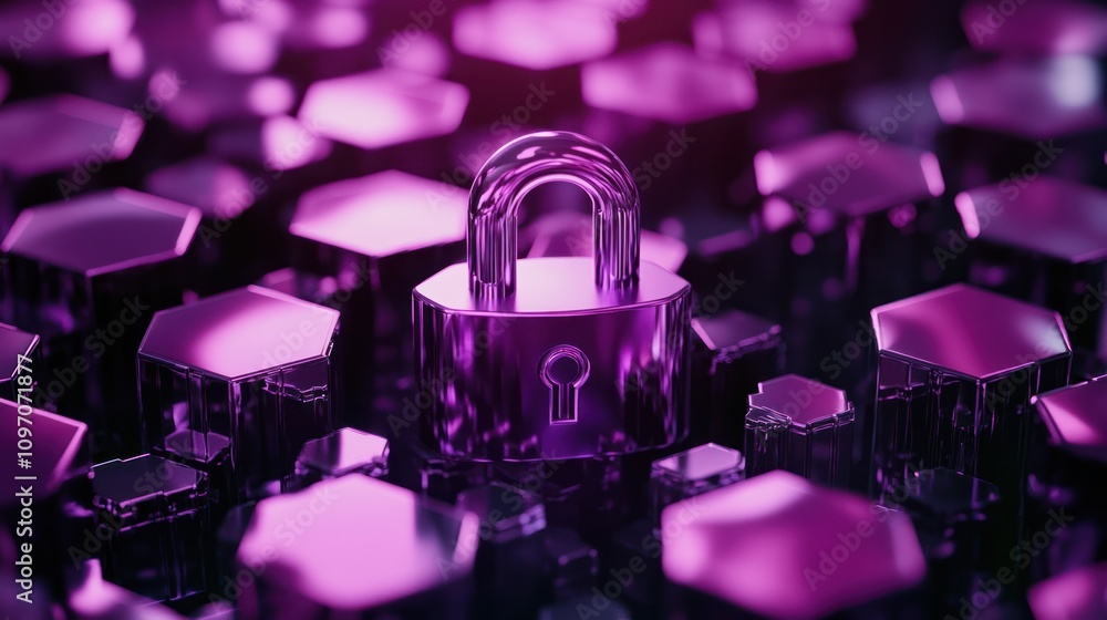 Aufkleber a digital lock surrounded by hexagonal shapes in a purple hue, symbolizing cybersecurity.