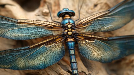 Close-up of a dragonfly with intricate blue and gold wings, resting on wood. The delicate details of its body and wings are stunning.