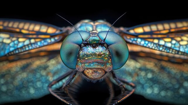 Close-up of a dragonfly's face, showcasing its iridescent blue-green eyes and intricate wing patterns.  The image is striking in its detail and vibrant colors.