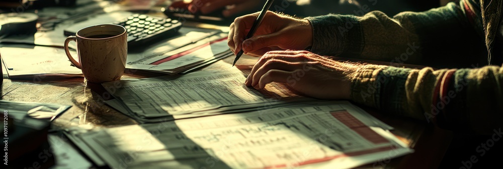 Poster a person writing notes and calculations on paperwork at a desk with a coffee cup.