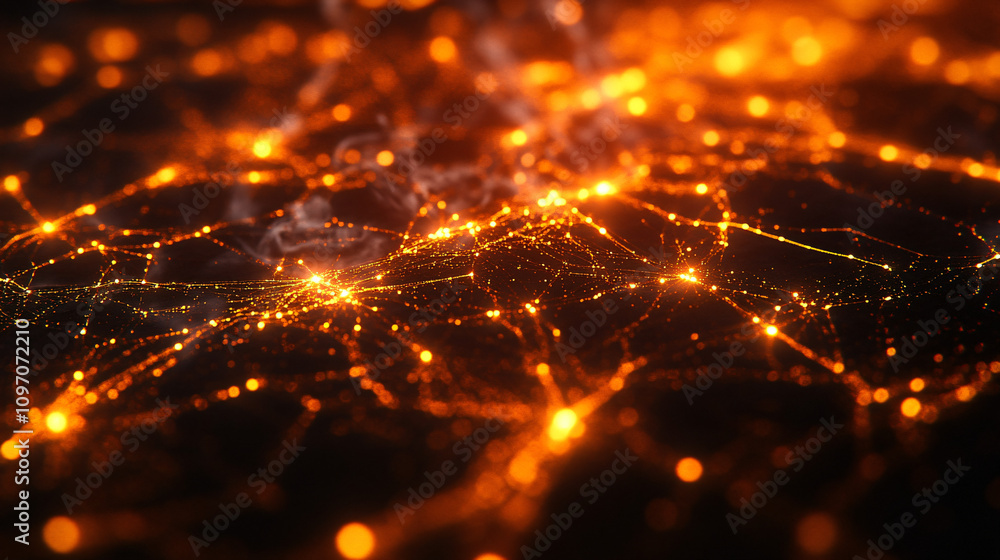 Poster complex network with luminous orange nodes and connections extending across a shadowy backdrop, form
