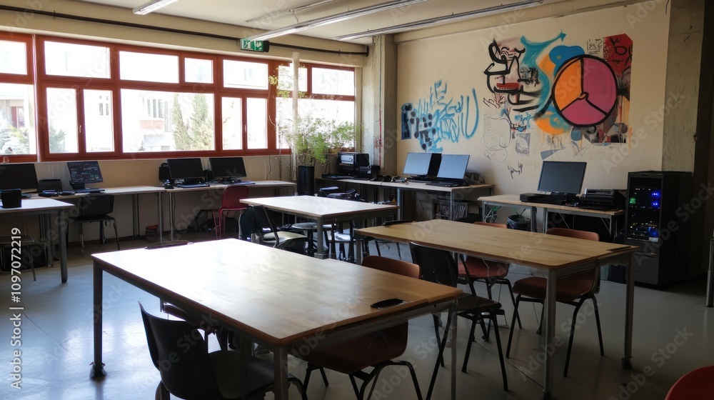 Aufkleber a bright classroom with tables, chairs, and computers, designed for learning and collaboration.