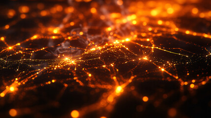 Fototapeta premium Complex network with luminous orange nodes and connections extending across a shadowy backdrop, forming a futuristic or organic abstract representation