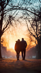 Romantic couple silhouette walking at sunset in a serene park
