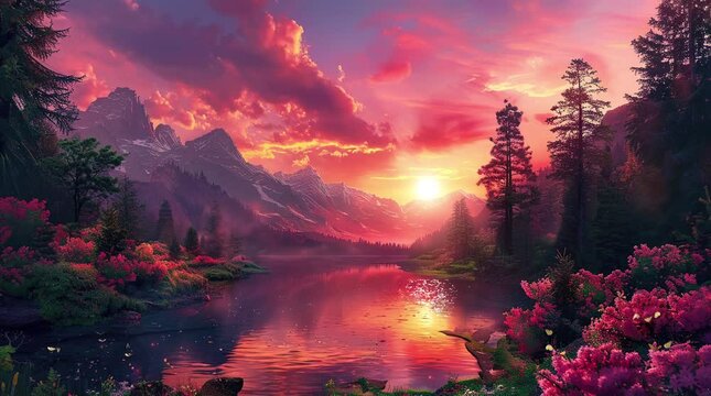 Beautiful lake glowing brightly during peaceful evening with magical serene atmosphere
Seamless looping 4k time-lapse virtual video animation Generated AI