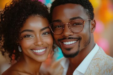 joyful couple beaming as they announce their engagement, vibrant colors highlighting their happiness. the backdrop features soft pastels that evoke warmth and celebration