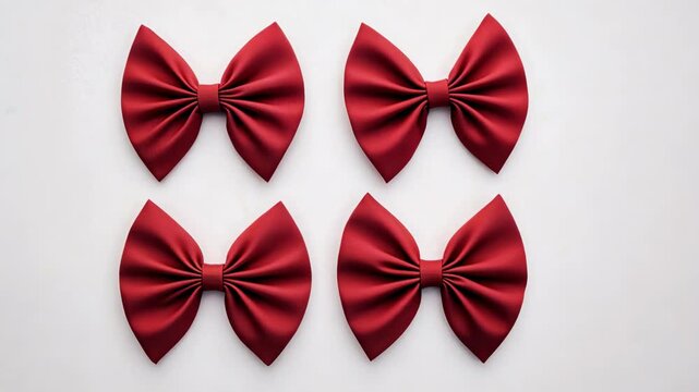 Bright red fabric bows arranged in a neat pattern on a light background showcasing their shape and texture, ideal for decoration or gifts
