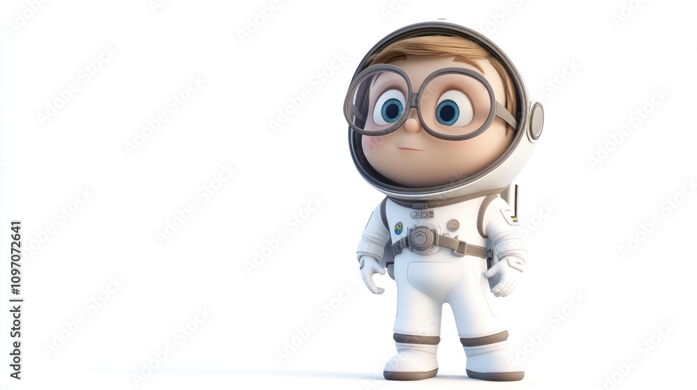 Poster a cute cartoon character in a spacesuit, ready for an adventure in space exploration.