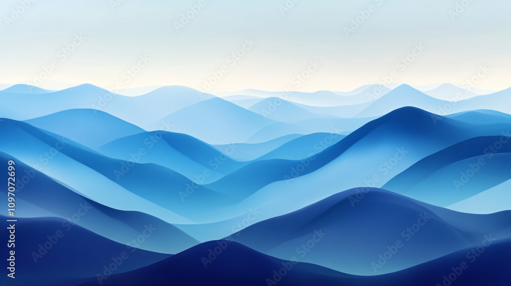 Poster minimalist abstract landscape with rolling blue hills and overlapping shapes conveys tranquility and