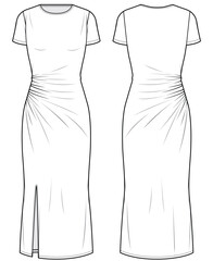 womens short sleeve crew neck midi dress with side slit fashion flat sketch vector illustration fluid jersey dress front and back view technical cad drawing template