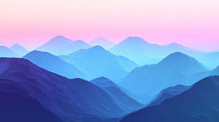 Obraz premium Rolling blue mountains create a mesmerizing synthwave landscape under a pastel sunset sky