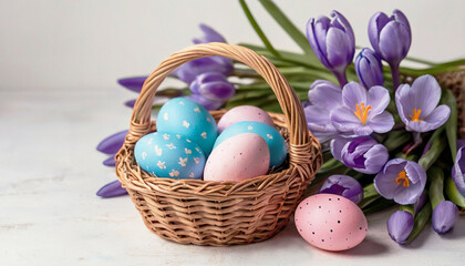 Wicker basket with Easter painted pink and blue eggs and a bouquet of purple crocuses on a white background. Decorative composition.