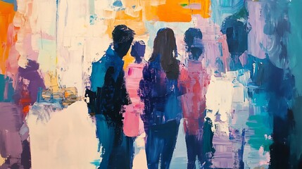 Abstract figures in motion: A vibrant contemporary artwork capturing the energy of urban life with expressive brushstrokes and dynamic composition. Perfect for modern art lovers.