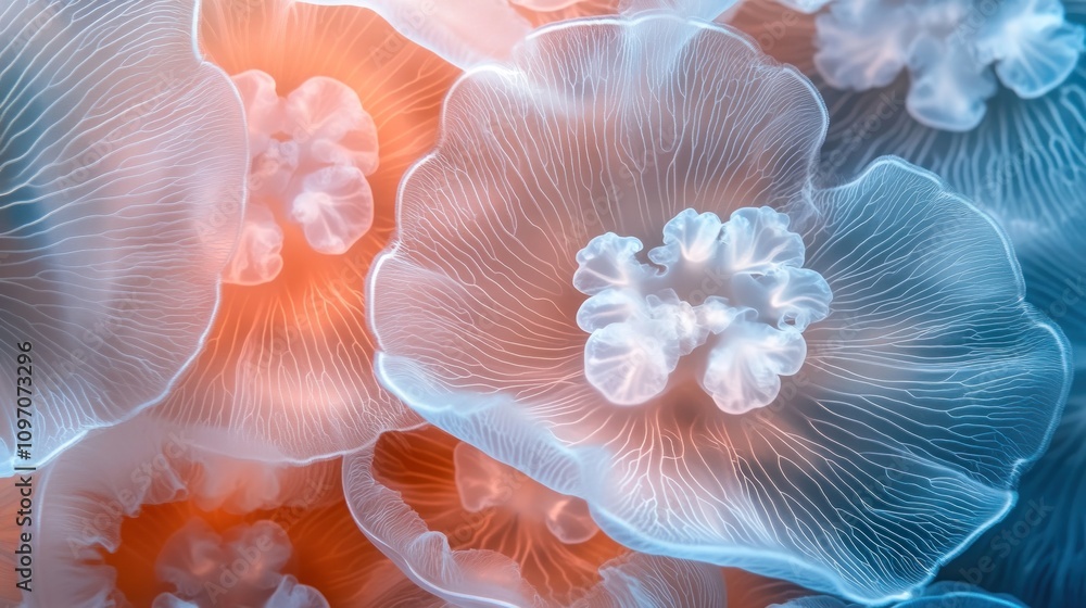 Poster close-up of translucent jellyfish with ethereal colors and intricate details.