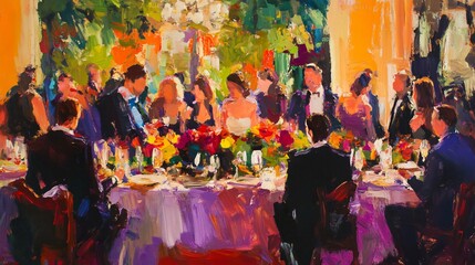 A Whimsical Wedding Reception: A vibrant and expressive painting capturing the joyous atmosphere of a wedding celebration, filled with guests, flowers, and warm light.