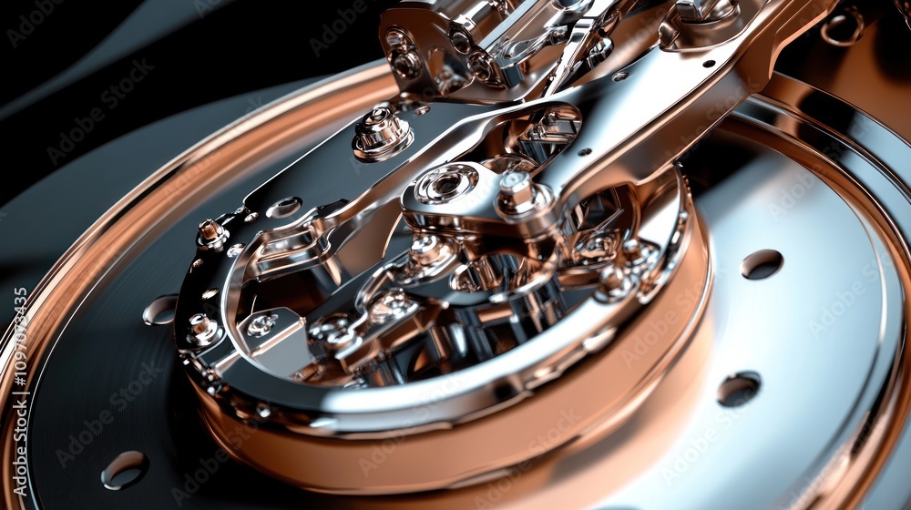 Poster a close-up of intricate metallic components, showcasing precision engineering and design.