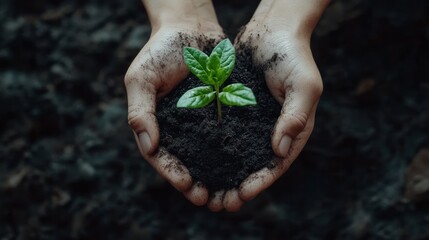 Close-up of hands holding a small green plant growing in rich soil.