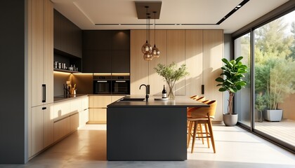 Fototapeta premium Modern kitchen interior design. Luxury apartment with island, wooden cabinets. Sunlight illuminates open space. Italian style. Mediterranean home. New estate. Expensive glossy marble floor. Dining