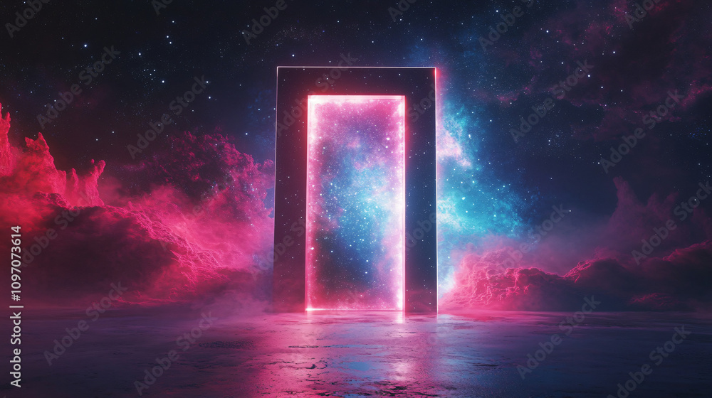Aufkleber Glowing rectangular doorway revealing a colorful nebula in a dark space with stars and colorful clouds, concept of interstellar travel