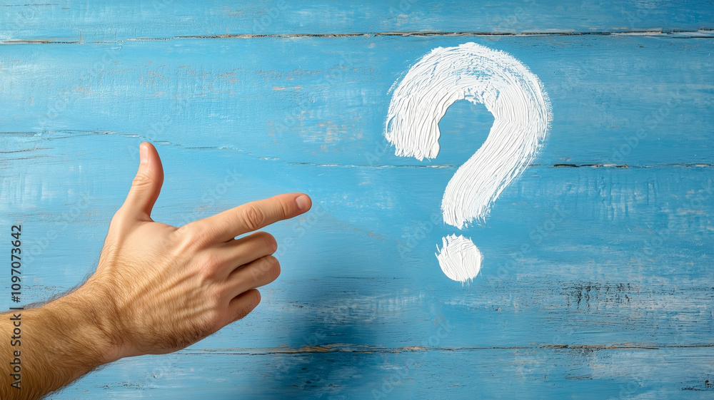 Poster hand pointing at a white question mark on a blue background to spark curiosity