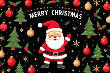 Merry Christmas illustration pattern with Santa, trees, ornaments, and festive designs