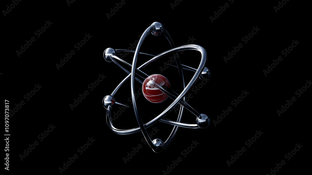 Aufkleber 3d rendering of electrons orbiting nucleus in atom model, scientific concept in the fields of physic
