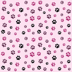 Seamless pattern of animal paw prints. Cat,dog paws in pink,purple,black colors on light pink background.Vector illustration. Cartoon style.For textile, wallpapers, wrapping,social media covers.
