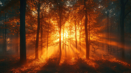 Fototapeta premium Sunbeams in the Misty Forest at Dawn