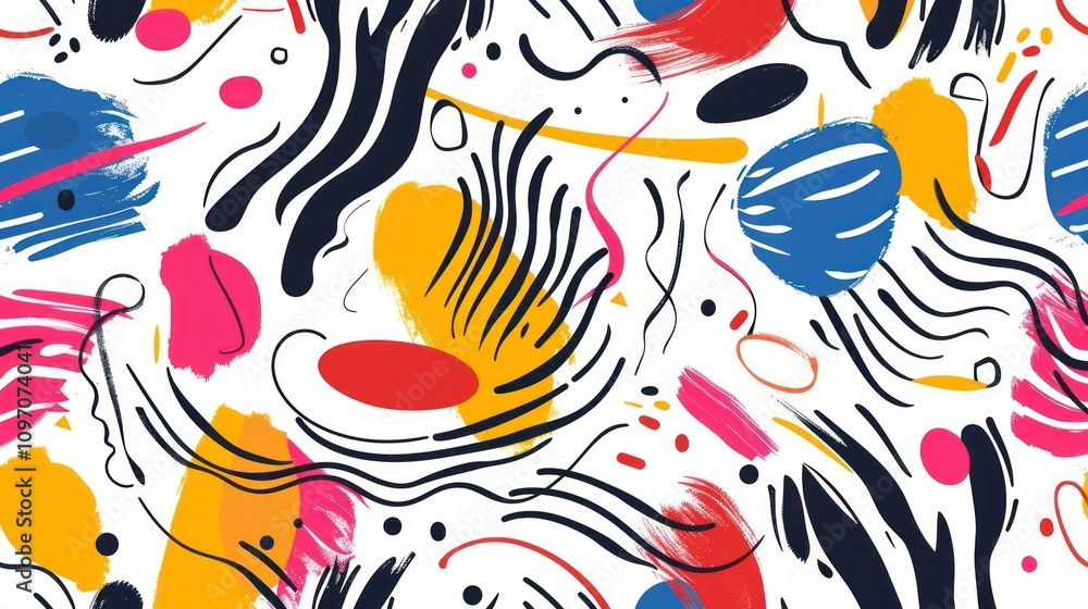 Poster abstract colorful pattern featuring dynamic shapes and brush strokes on a white background.