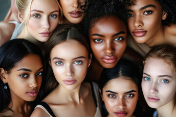 Obraz premium Group of women with different skin tones are posing for a photo. Scene is one of unity and diversity, as the women come together to celebrate their differences and similarities