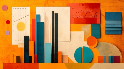 Abstract collage of business charts, graphs, and geometric shapes on an orange background. A visual representation of data analysis, market research, and financial planning.