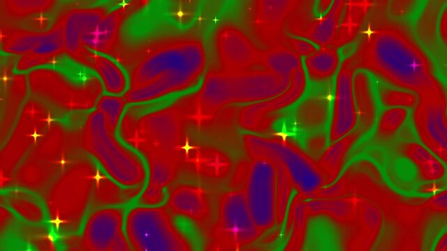 Red green blue Christmas swirling patterns feature multicolored sparkly stars.