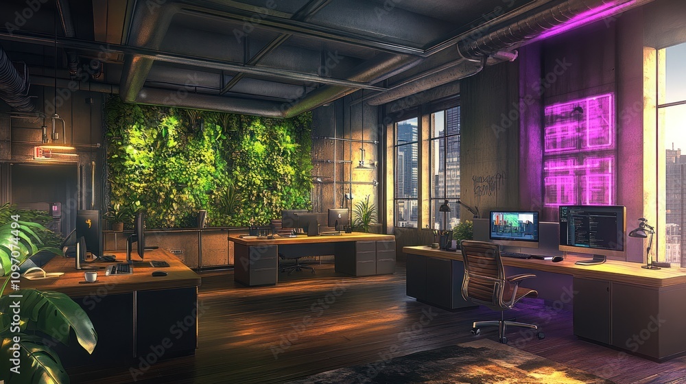 Poster a modern office space featuring greenery and technology for a productive work environment.
