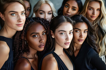 Fototapeta premium Group of women with different skin tones are posing for a photo. Scene is one of unity and diversity, as the women come together to celebrate their differences and similarities