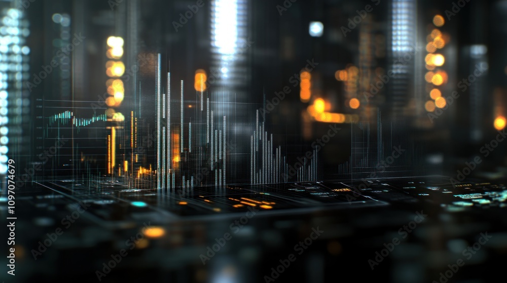 Poster Abstract digital landscape with graphs and glowing elements, symbolizing data analysis.