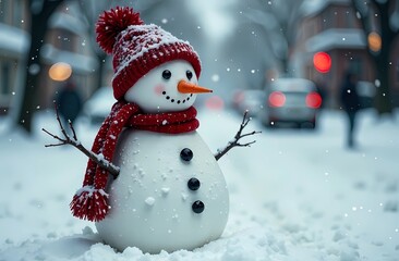 Snowmen standing in a winter Christmas landscape. Winter background. Festive mood.	
