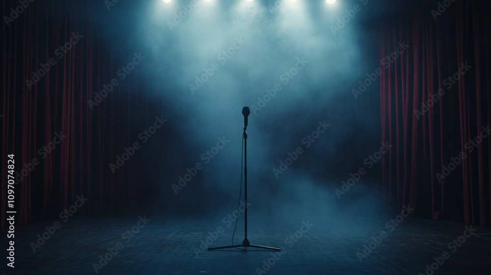Poster lone microphone on a dimly lit stage, illuminated by spotlights in a smoky ambiance, with red curtai