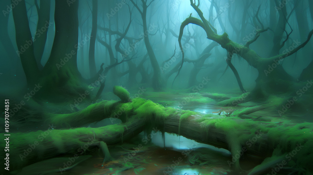 Poster mysterious forest with fog and twisted trees in an eerie, tranquil setting