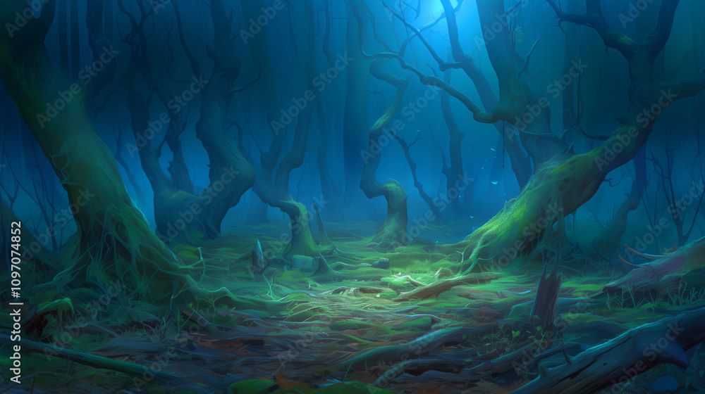 Poster enchanted forest with twisted trees and ethereal light during twilight hours