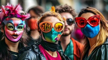 Colorful Masked People in Stylish Sunglasses, Unique Artistic Face Masks, Vibrant Street Fashion Photography Print, Decorative Image