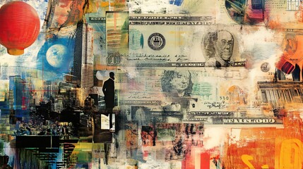 Fototapeta premium Global Business and Finance: A collage of money, cityscape silhouettes, and Earth, symbolizing international trade, economic growth, and financial markets.