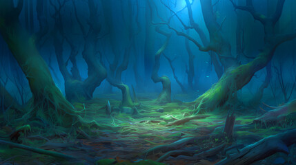 Fototapeta premium Enchanted forest with twisted trees and ethereal light during twilight hours