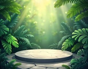 Obraz premium Round stone platform in green tropical forest. Palm leaves frame scene. Summer nature background. Perfect for product display. Ideal for travel brochures. Wellness brand promotion. Eco product
